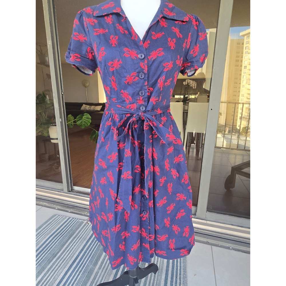 ModCloth Navy Blue Red Lobster Print Button Front Shirt Dress with Pockets Small